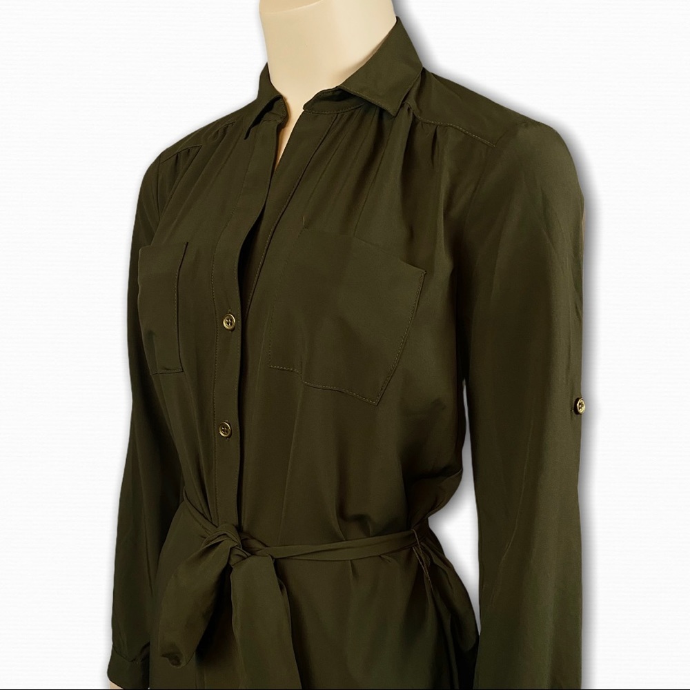 Olive Green Long Sleeve Button Down Dress w/ Belt - Picture 2 of 4